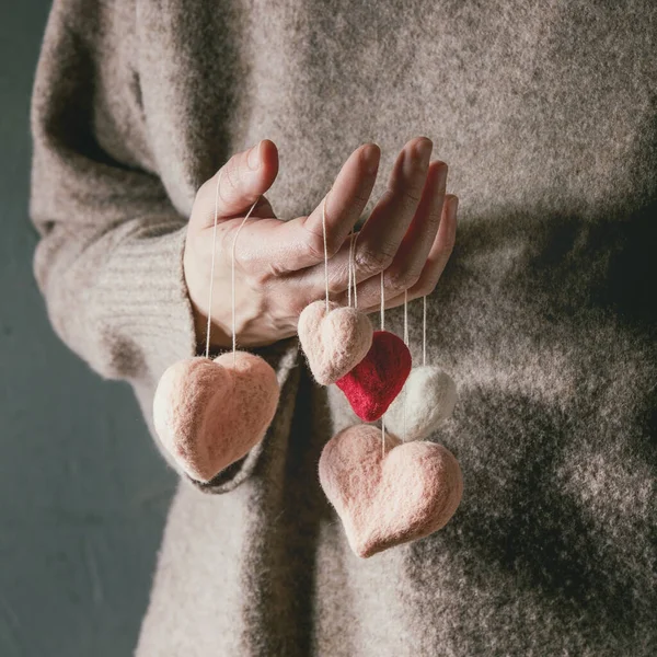 Variety Needle Felted Hearts Threads Female Hands Valentines Day Love — Stock Photo, Image