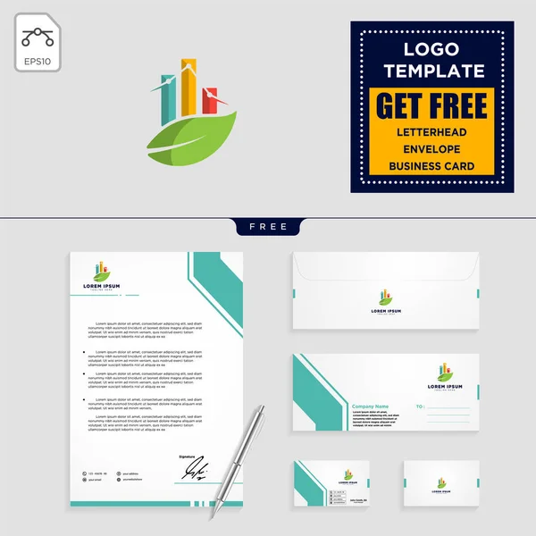 Geschäftsdiagramm Mit Blatt Logo Vorlage Vektorillustration Und Briefpapier Branding Pack — Stockvektor