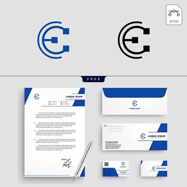 minimal E initial logo template vector illustration and stationery design, letterhead, business card, envelope.