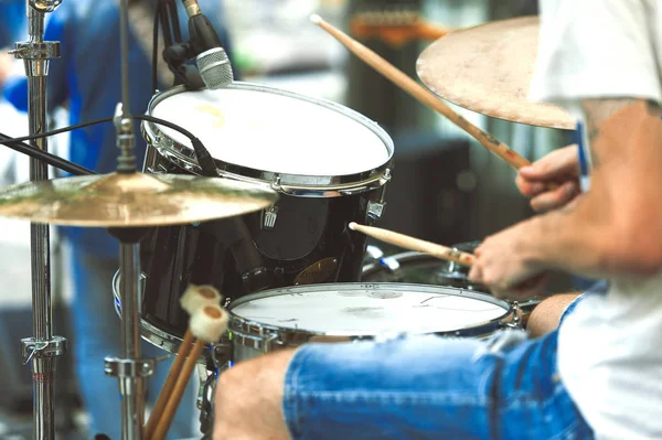 Detalhe Baterista Grupo Pop Durante Show — Fotografia de Stock