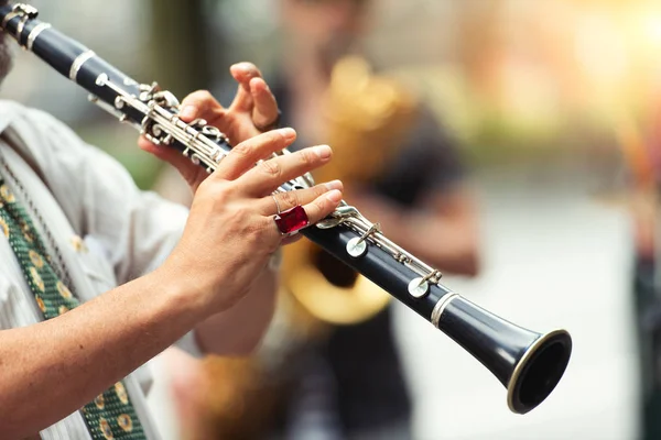 Detail Street Musician Playing Clarinet — Stock Photo, Image
