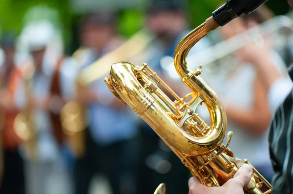 Baritone Saxophone Player Performs Street Performances His Group — Stock Photo, Image