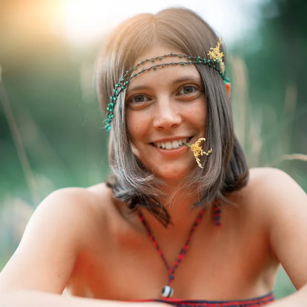 Portrait Woodstock Hippie Style Girl Flower Mouth Deliberately Vintage Photograph — Stock Photo, Image