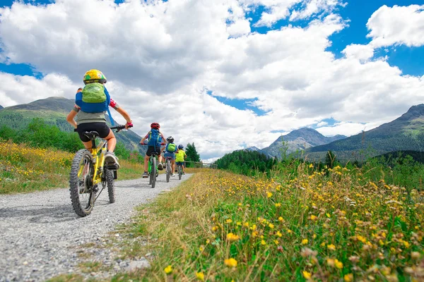 Groupe Enfants Lors Une Balade Vélo Dans Les Montagnes Images De Stock Libres De Droits