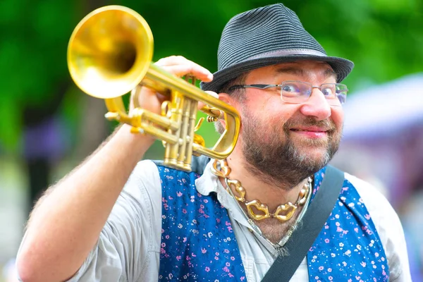 Balkan Band Street Wind Musician His Trumpet — Stock Photo, Image