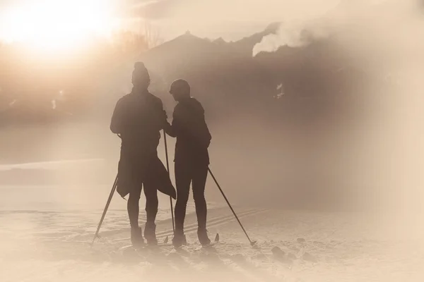Simulations Old Photography Artifacts Cross Country Skiing Couple — Stock Photo, Image