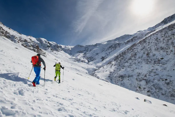 Paar Vrienden Bergop Met Ski Zegel Skins — Stockfoto