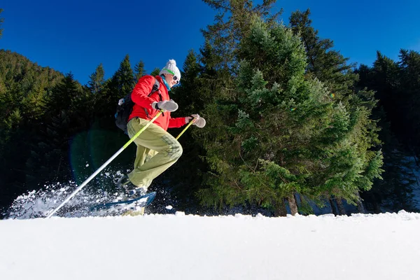 Snowshoeing Στη Μοναξιά Κοντά Ένα Δάσος Άνοιξη — Φωτογραφία Αρχείου