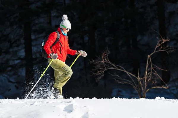 一个女人在春天独自去雪鞋旅行 — 图库照片