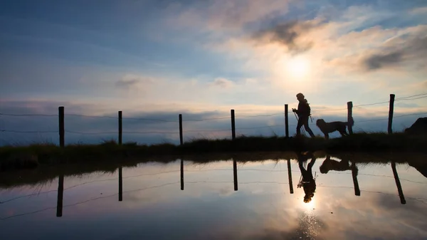 A woman on a mountain hike with her beloved dog at sunset — Stock Photo, Image