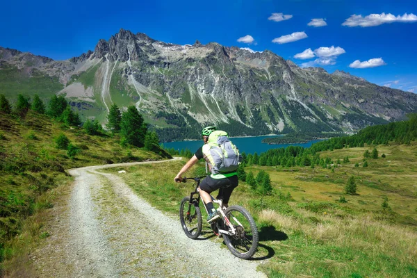Ποδηλάτης Ορεινό Χωματόδρομο Στο Όμορφο Τοπίο Στις Άλπεις — Φωτογραφία Αρχείου