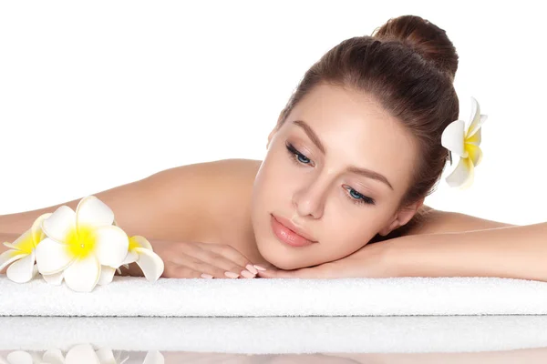 Portrait Young Beautiful Woman Laying Spa Salon Isolated White Background — Stock Photo, Image