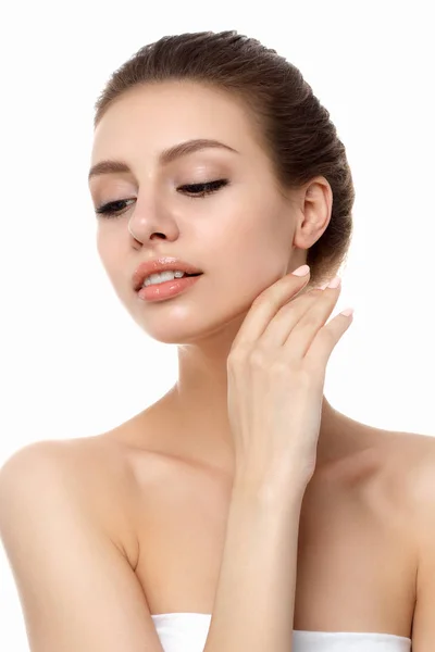 Young beautiful woman touching her neck — Stock Photo, Image