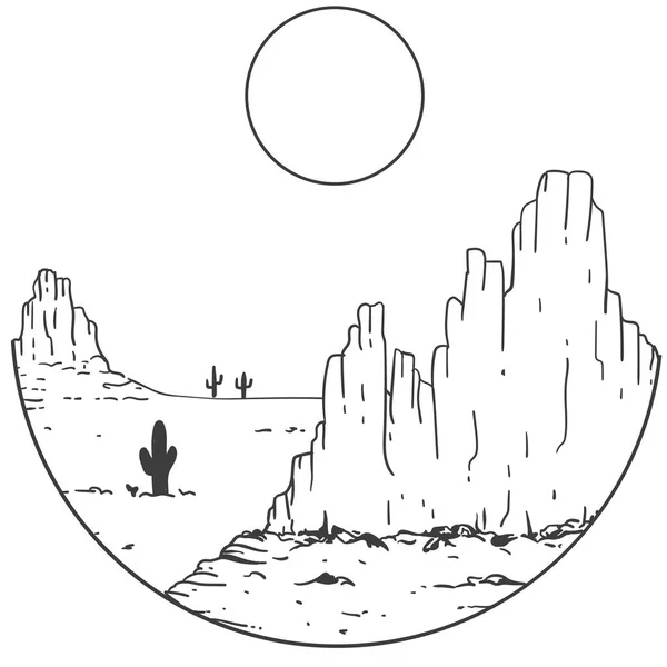 Έρημος Κάκτοι Και Ήλιος Τοπίο Χαραγμένο Κύκλο Ασπρόμαυρη Διανυσματική Εικόνα — Διανυσματικό Αρχείο