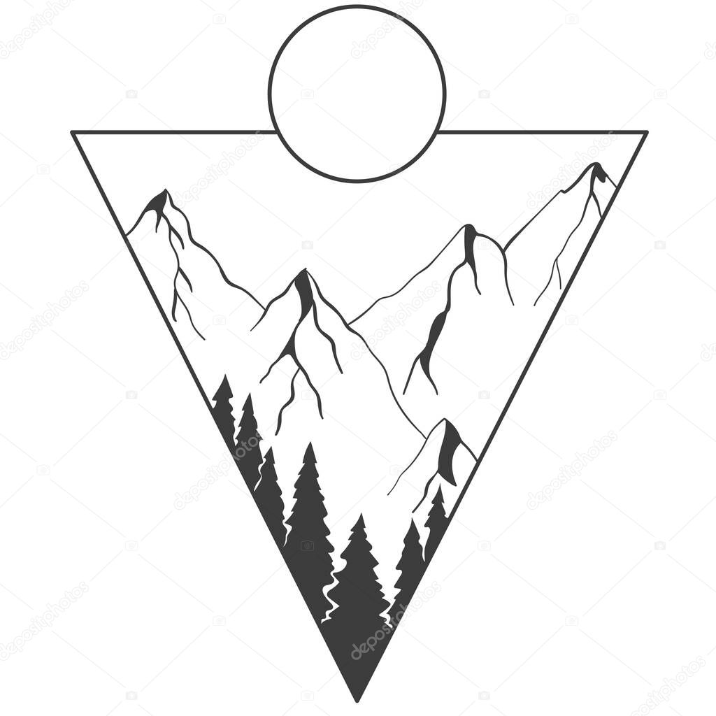 Mountains, sun and clouds inscribed in a triangle.