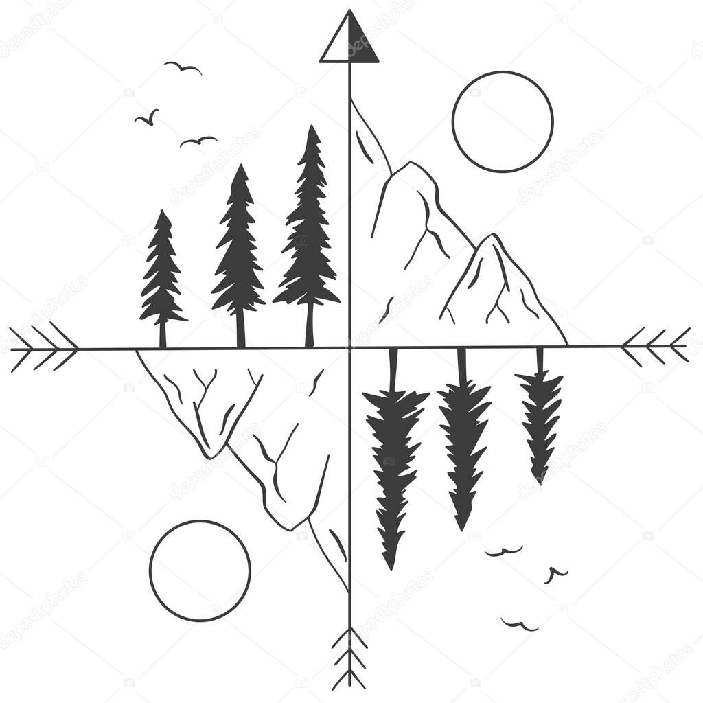 Mountains, forest, sun directions of the compass.