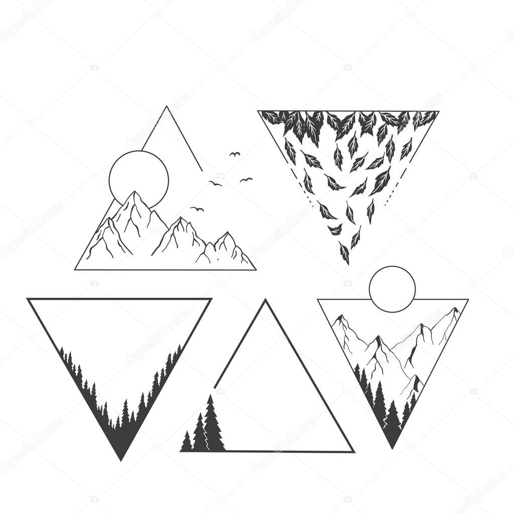 Mountains, forest, and sun in geometric shapes.