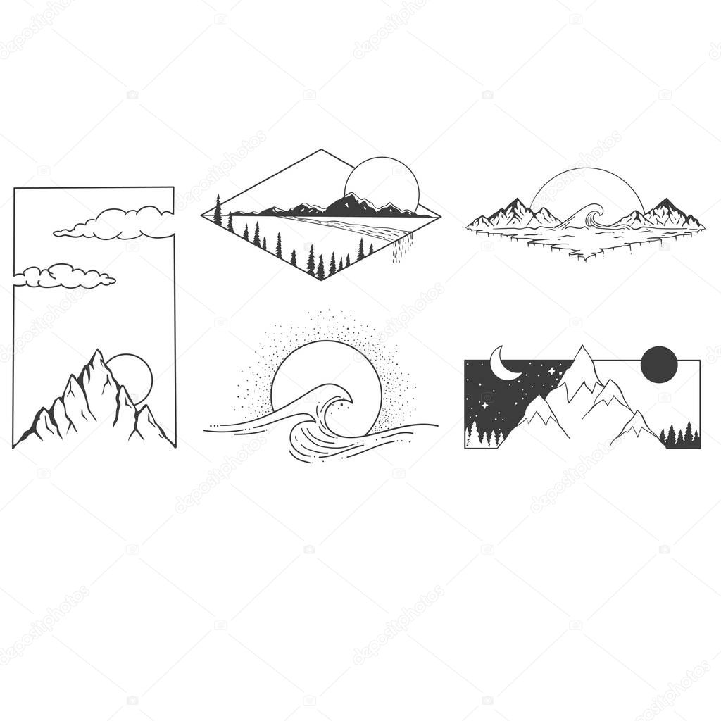 Mountains, sun and clouds. Set of vector pattern.