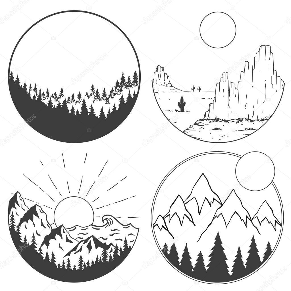 Mountains, sun, and clouds in geometric shapes.