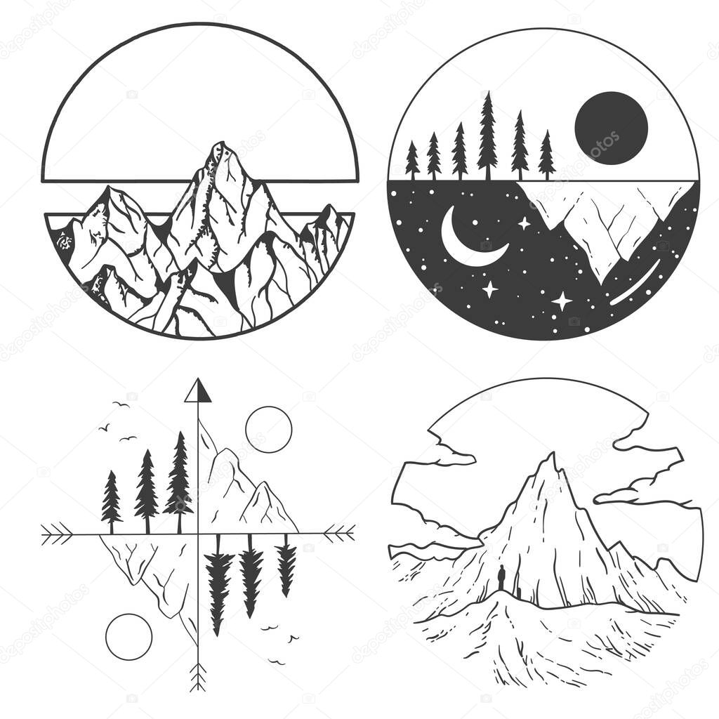 Mountains, sun and clouds in geometric shapes.