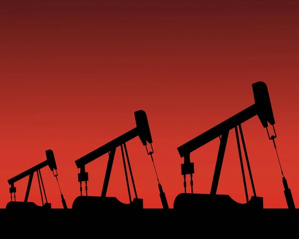 Oil rig silhouettes and orange sky, vector illustration, industrial, gas