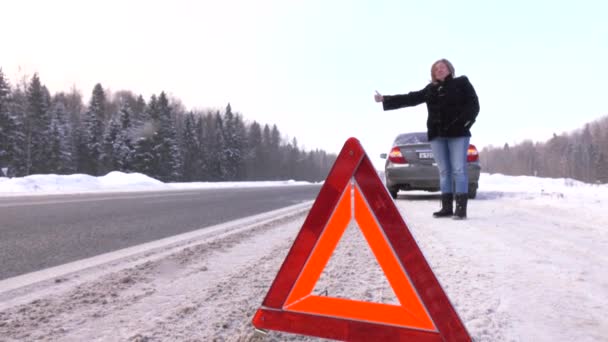 Женщина просит о помощи в дороге. Аварийный знак остановки . — стоковое видео
