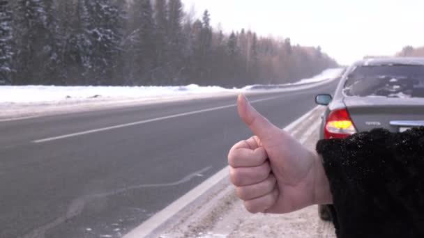 Eine Frau bittet auf der Straße um Hilfe. Not-Stopp-Schild. — Stockvideo