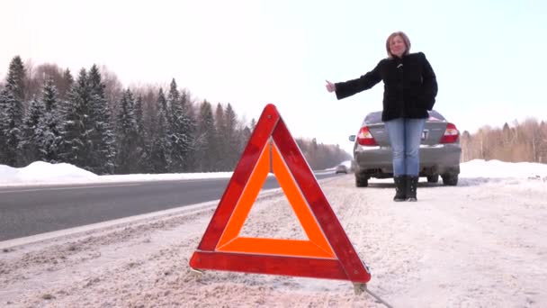 En kvinna frågar om hjälp på vägen. Akut stoppskylt. — Stockvideo