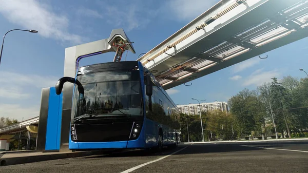 Mavi elektrikli otobüs şarj istasyonu. Monoray üzerinde modern trenler.
