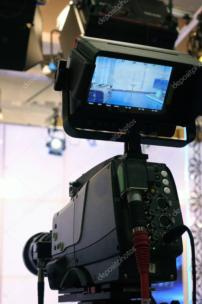 Television camera. Video camera-recording show in TV Studio-focus on camera