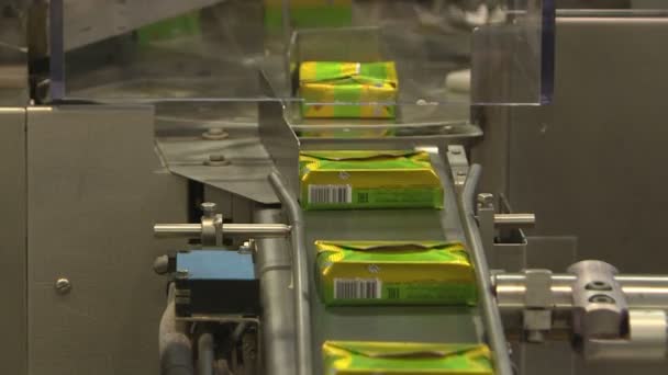 Tereyağı süt fabrikasında üretim. Makine yağı çantalarda koyar ve onları mühürler — Stok video