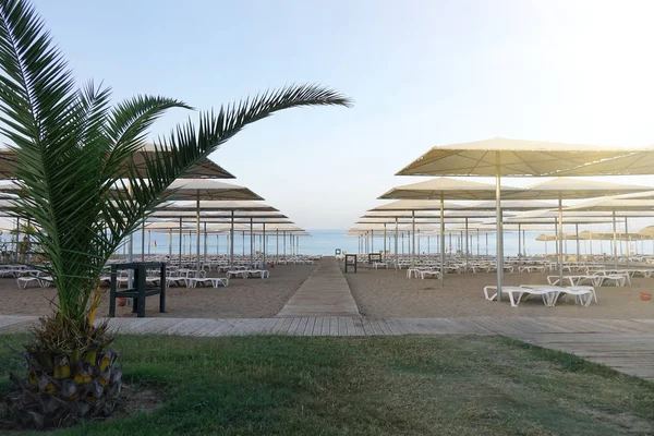 Leżaki i parasole na plaży. Przemysł turystyczny. — Zdjęcie stockowe