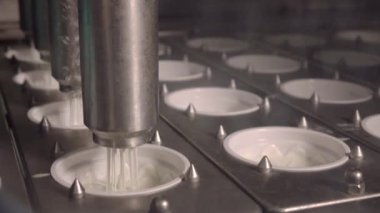 Ekşi krema imalatı. Modern üretim tesisinde boş kanlara ekşi krema döken endüstriyel makine