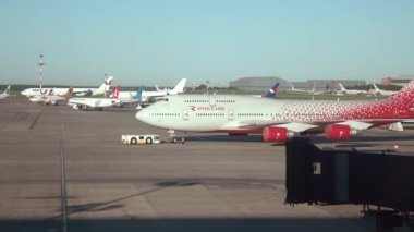 Moskova. Rusya. Haziran 2019: Vnukovo Havaalanı. Uçağın uçuşa hazırlanması.