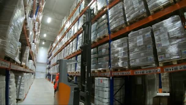 Caricatore nei magazzini. Pile di scatole in un magazzino industriale. — Video Stock