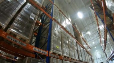 Depoda yükleyici var. Endüstriyel bir depoda yığınla kutu..