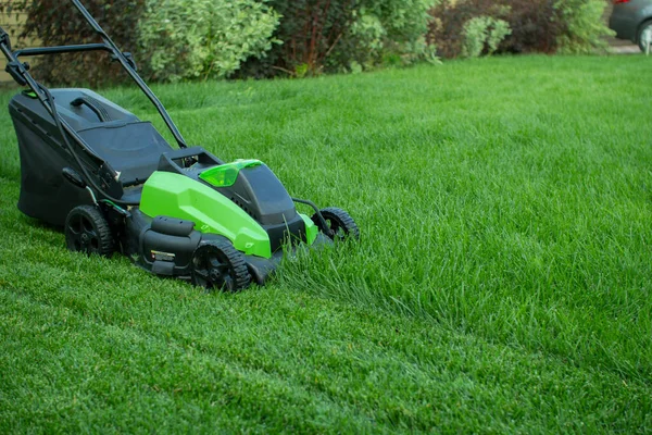 녹색 잔디 위의 잔디깎는 기계. 스톡 이미지