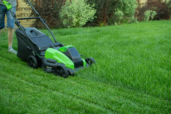 Lawn mower on a green lawn.