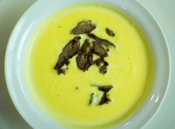 Cheese soup with duck liver. — Stock Image Cheese soup with duck liver. Royalty Free Stock Images