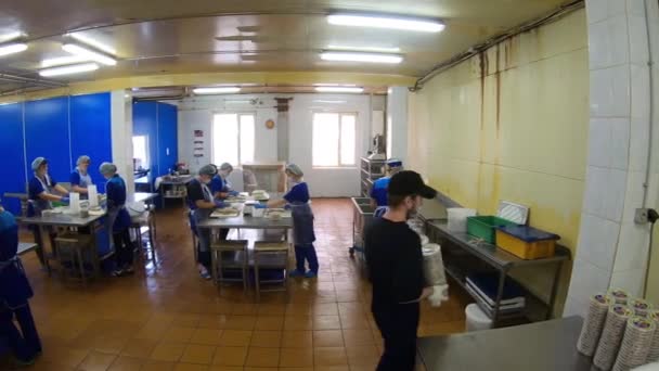 Moscovo. Rússia - Setembro 2020: loja para a produção de conservas de peixe. Mulheres trabalham em cortar peixe e embalá-lo em latas para venda. — Vídeo de Stock