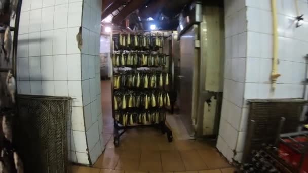 Moskou. Rusland - september 2020: Zeevis hangt aan haken in de winkel voor de productie van visproducten. — Stockvideo