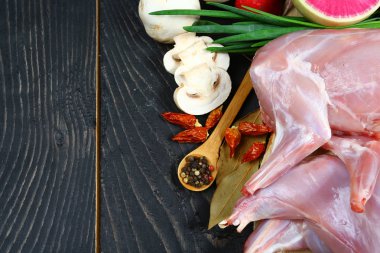 mantar ve baharat rustik koyu arka plan üzerinde pişirme tavşan ile. Üstten görünüm, metin için boş alan