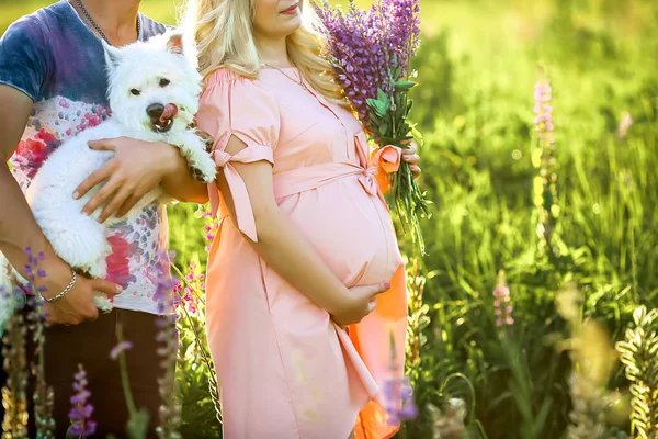 Jeune Beau Couple Enceinte Dans Champ Floral Avec Bouquet Fleurs — Photo