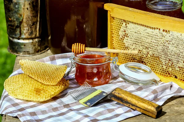 Honung Glasskål Honungsdippa Trä Och Honungskammar Träram Med Fulla Celler — Stockfoto