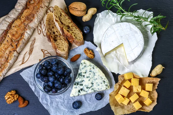 Various Types Cheese Rustic Stone Board Menu Design Horizontal Top — Stock Photo, Image