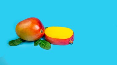 Taze mango organik ürün. Mavi arka plan. Üst Manzara. Uzay Gıda konseptini kopyala.