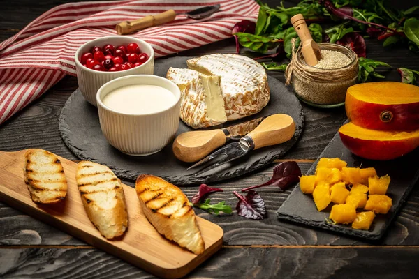 Cooking Homemade Sandwiches Ricotta Mango Cranberry Kitchen Table Flat Top — Stock Photo, Image