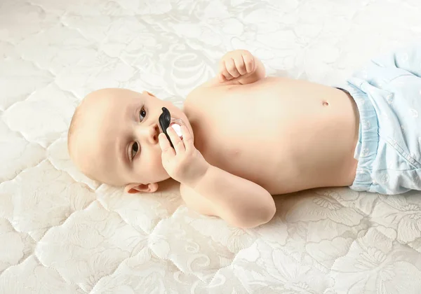 Lindo Bebé Con Bigotes Divertidos Serio Emociones Bebé Graciosas Higiene — Foto de Stock