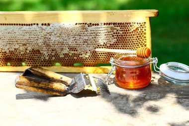 Arıcılık için çeşitli aletleri olan bir kavanoz taze bal, ahşap bir şeker kutusu ve dışarıdaki ahşap bir masada duran bir arı kovanından alınmış bir tepsi bal peteği..