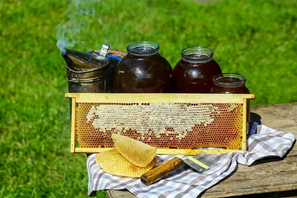 Jar Fresh Honey Assorted Tools Beekeeping Wooden Dispenser Tray Honeycomb — Stock Photo, Image